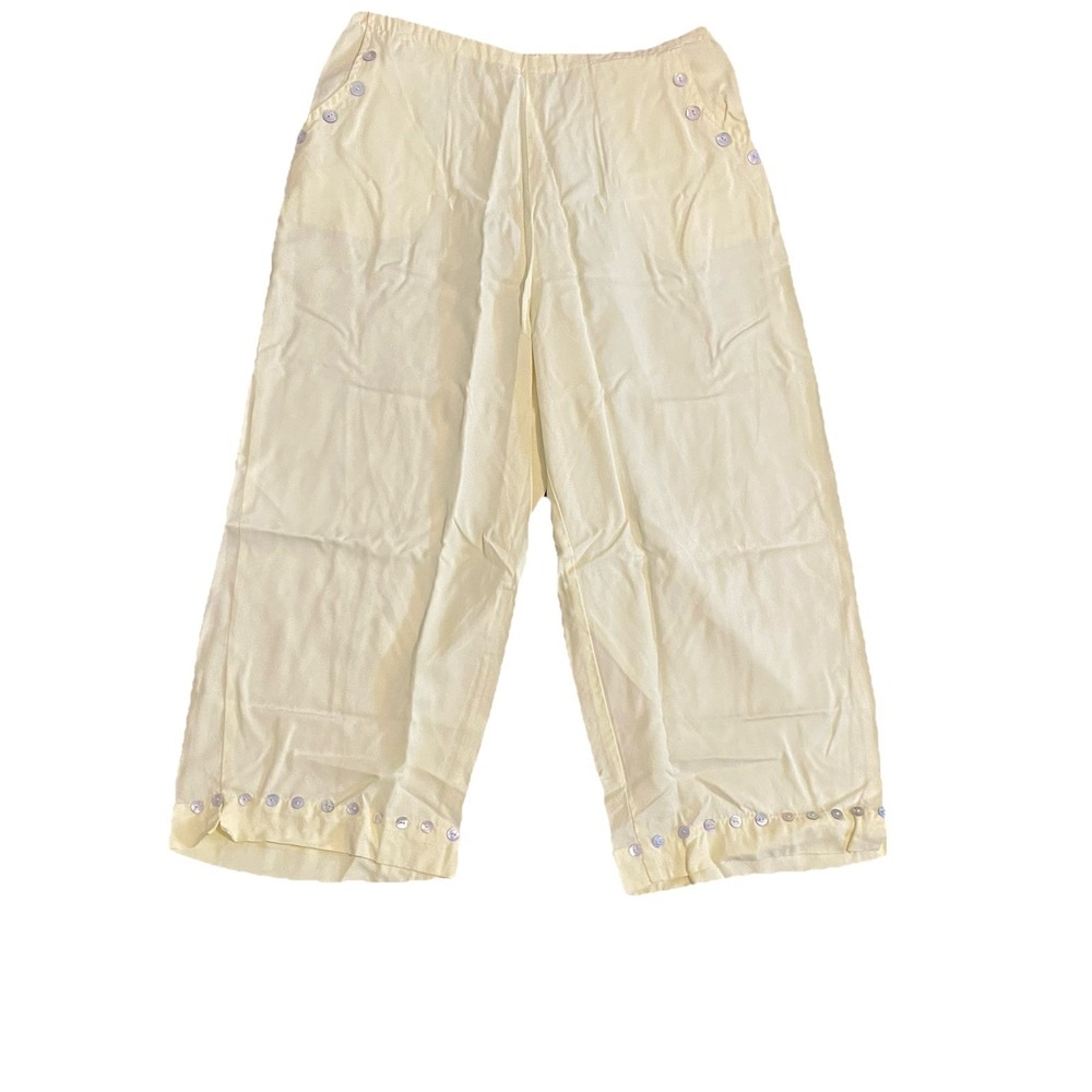 TOOFAN L Tencel Y2K Cropped Pants Yellow Lagenlook Coastal Grandma Pocket Casual